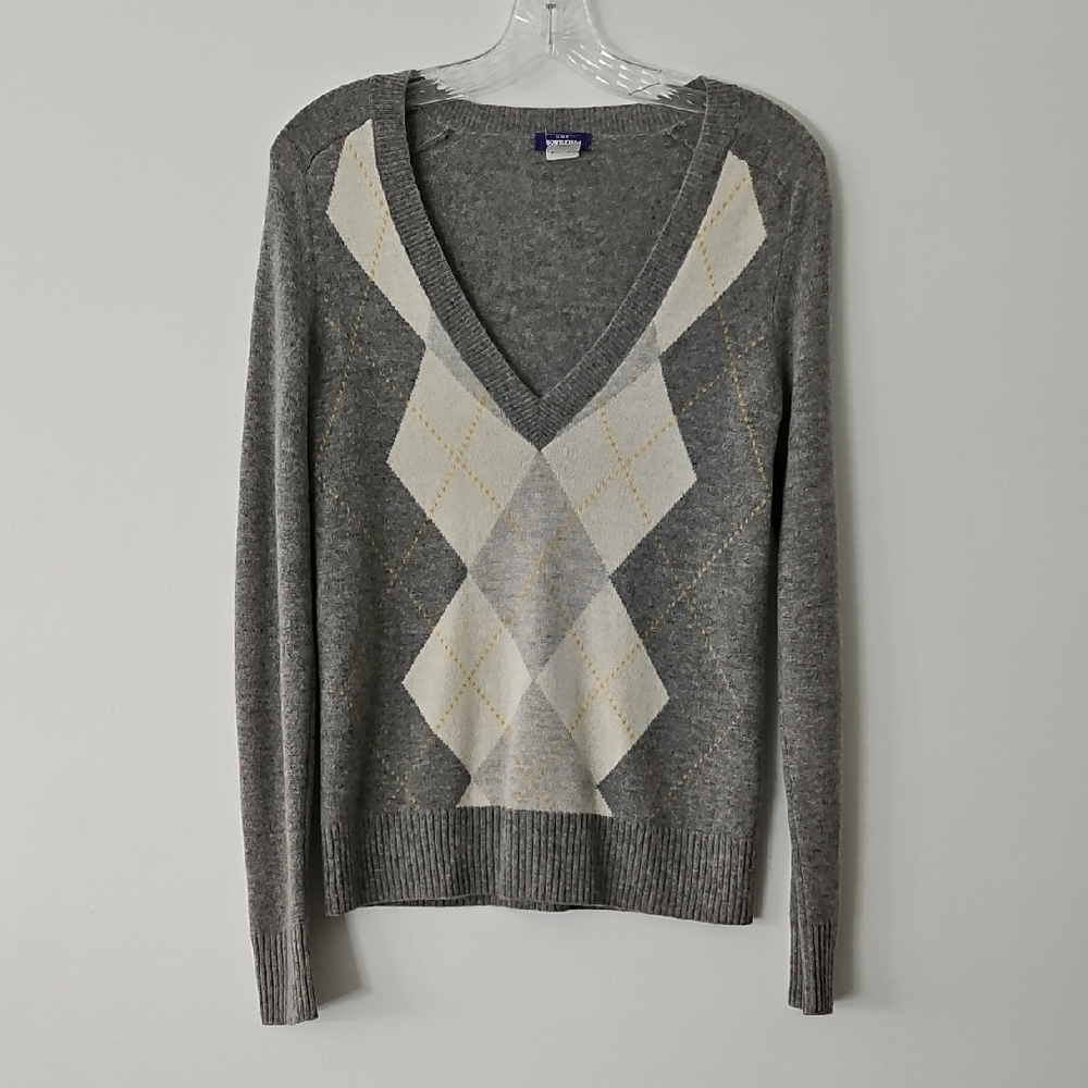 J Crew Sontuosa Cashmere Argyle Vneck Sweater Gray Cream Size Small